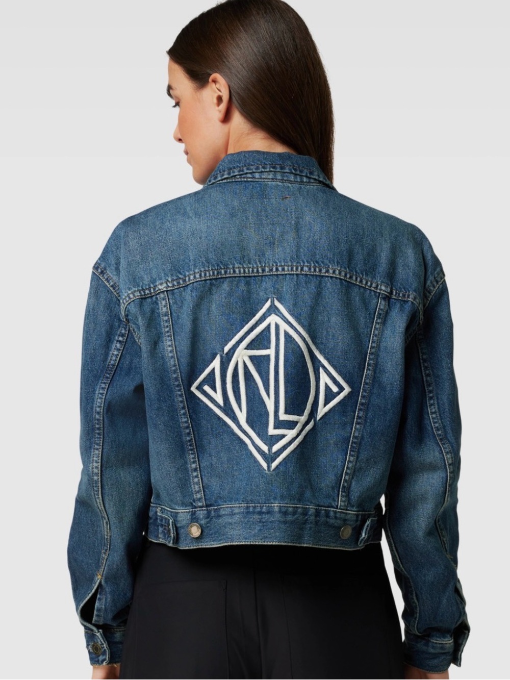 Ralph Lauren RL Embroidered Monogram Denim Trucker Jacket Blue L Y2K